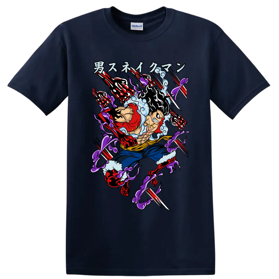 Monkey D. Luffy Gear 4 Snakeman anime-style action graphic with extended arms on a Navy (Blue) T Shirt