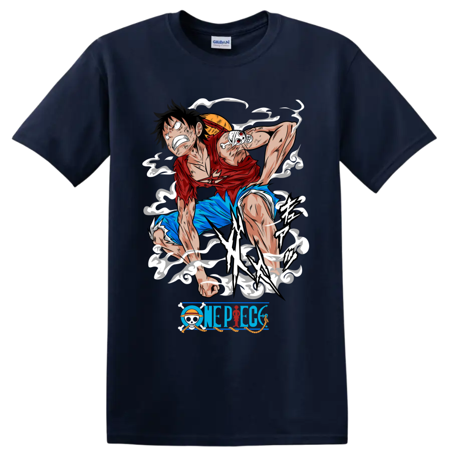 Monkey D. Luffy Gear 2 action graphic with steam effects and One Piece logo on a Navy (Blue) T Shirt