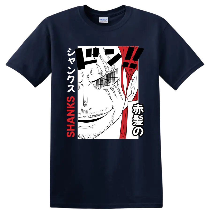 Shanks One Piece manga portrait with red hair, Japanese lettering, and SHANKS text on a Navy (Blue) T Shirt