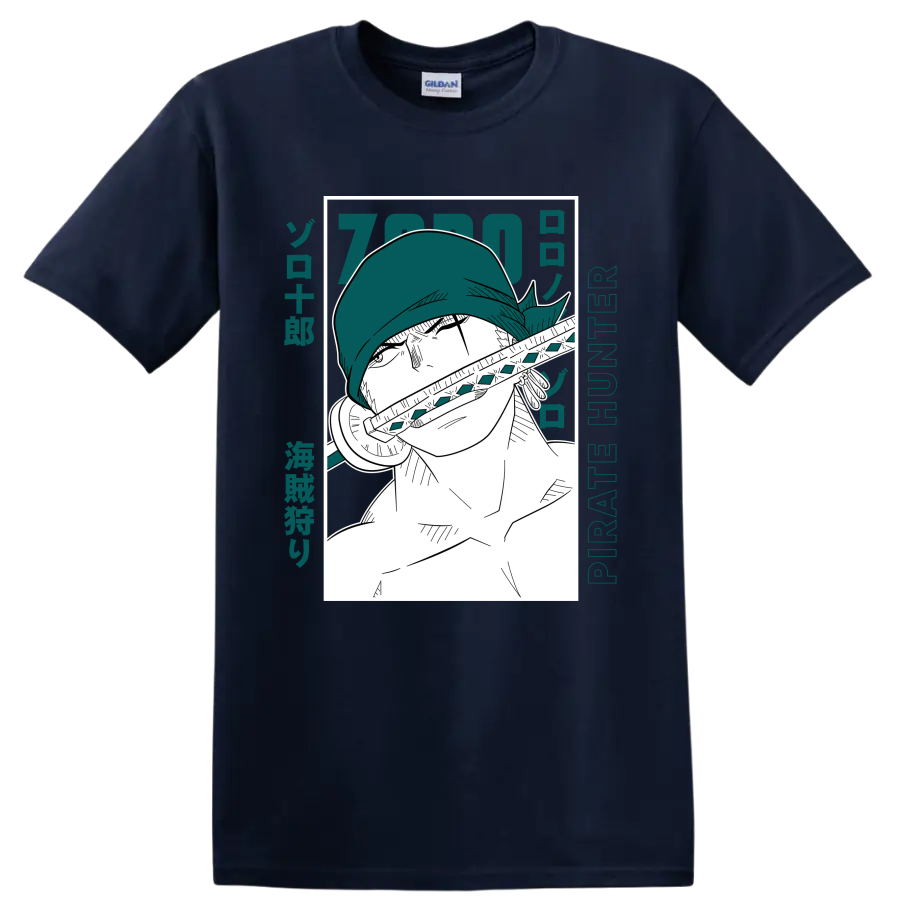 Roronoa Zoro Pirate Hunter manga portrait with sword and teal Japanese-style lettering on a Navy (Blue) T Shirt