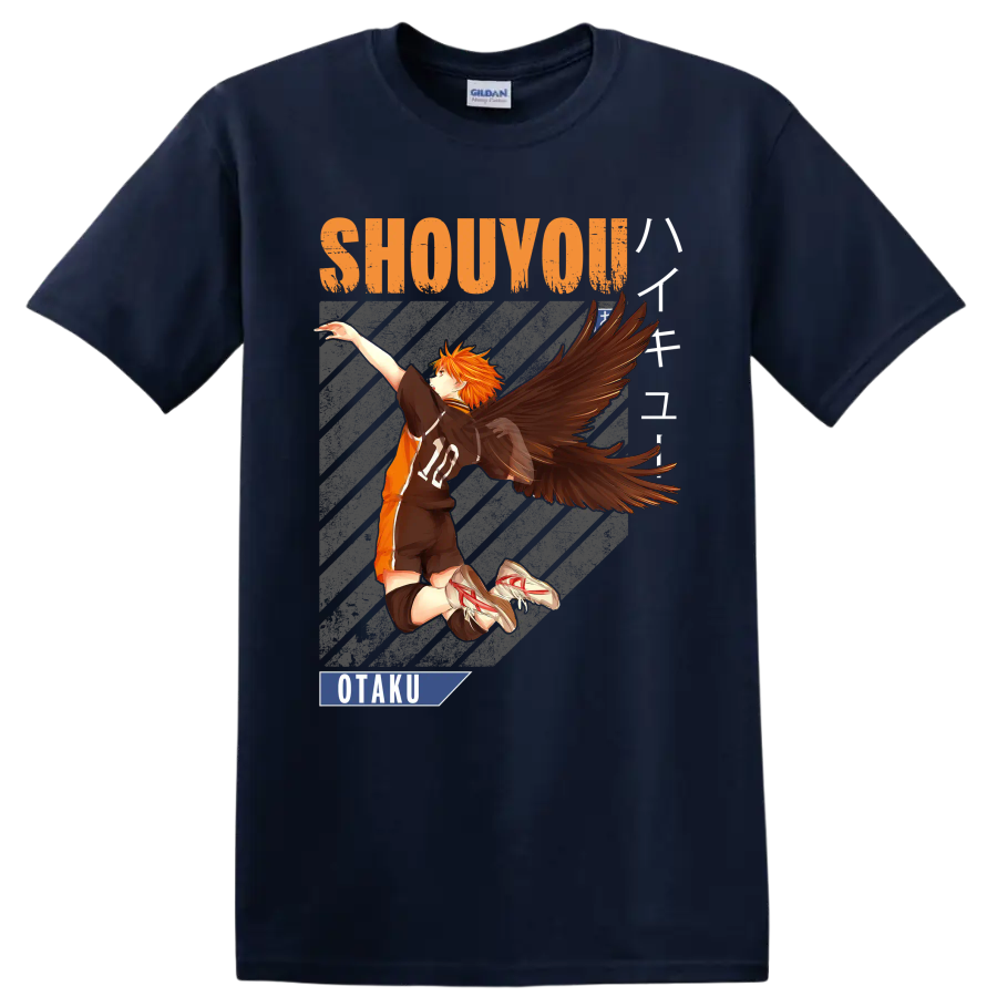 Shoyo Hinata winged volleyball anime graphic with Shouyou and Otaku text on a Navy (Blue) T Shirt
