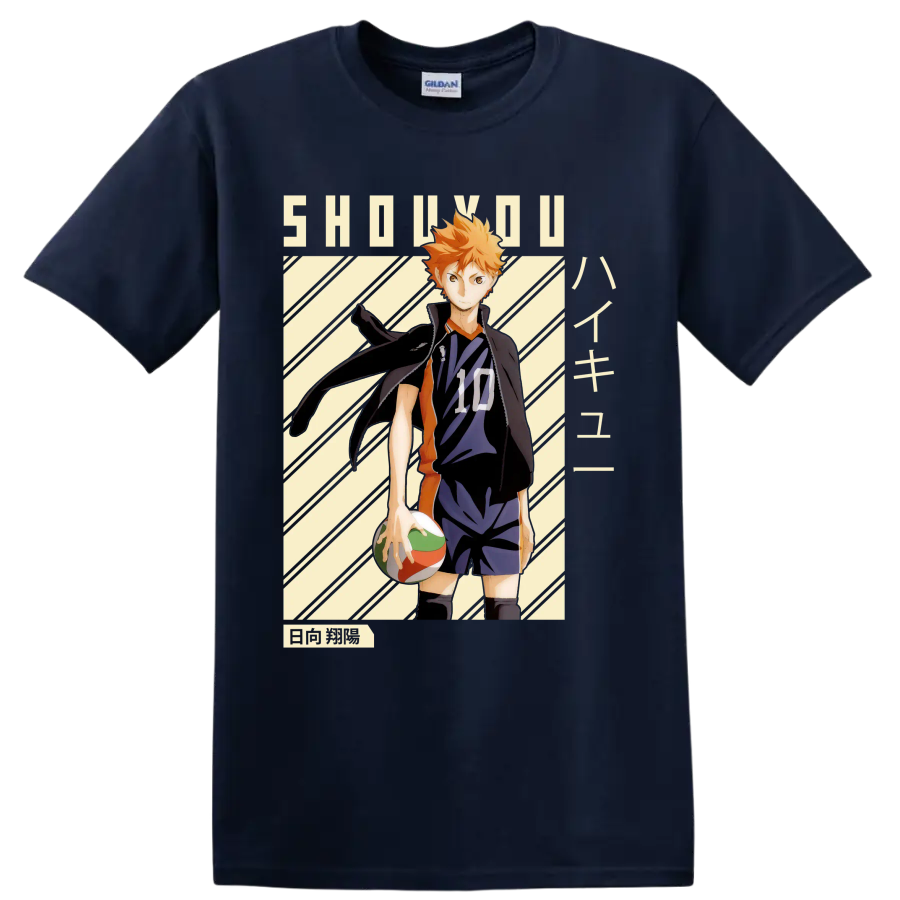 Shoyo Hinata in Karasuno number 10 uniform with volleyball manga-style graphic on a Navy (Blue) T Shirt