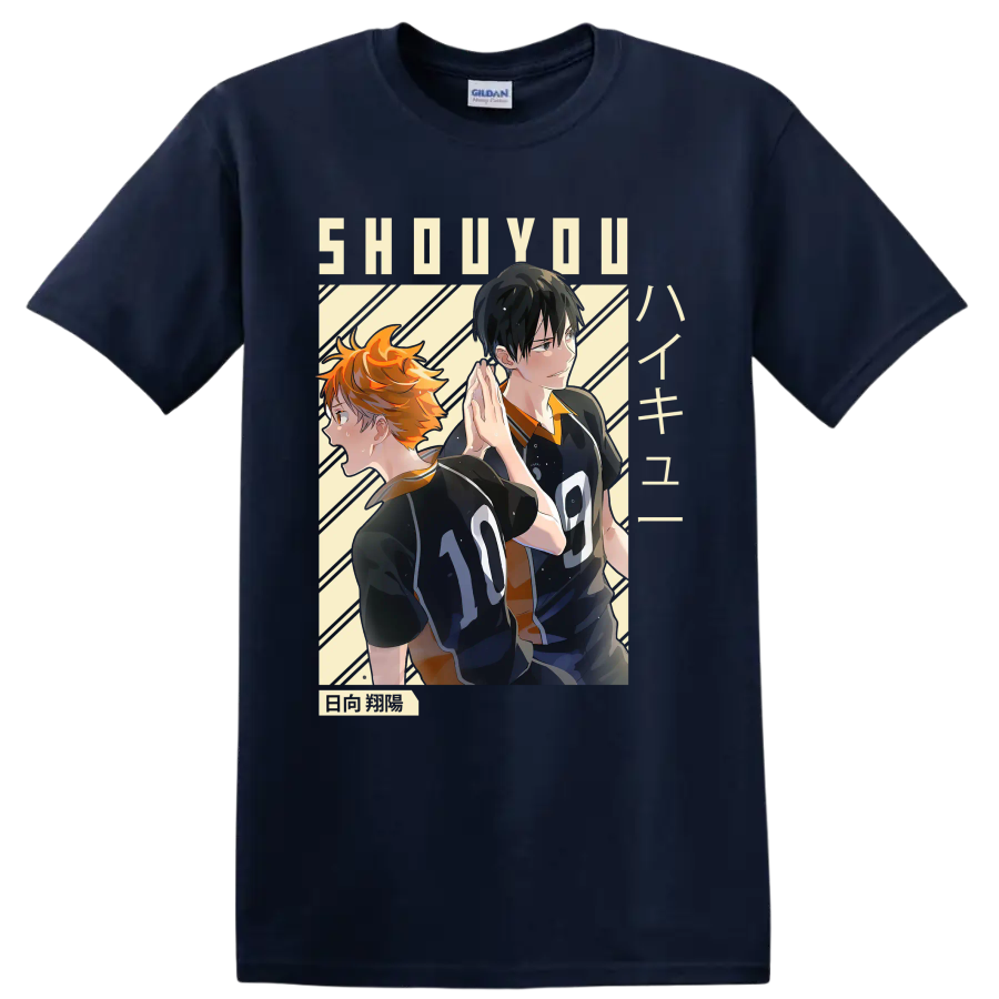 Anime-style Shoyo Hinata and Tobio Kageyama in Karasuno volleyball uniforms on a Navy (Blue) T Shirt
