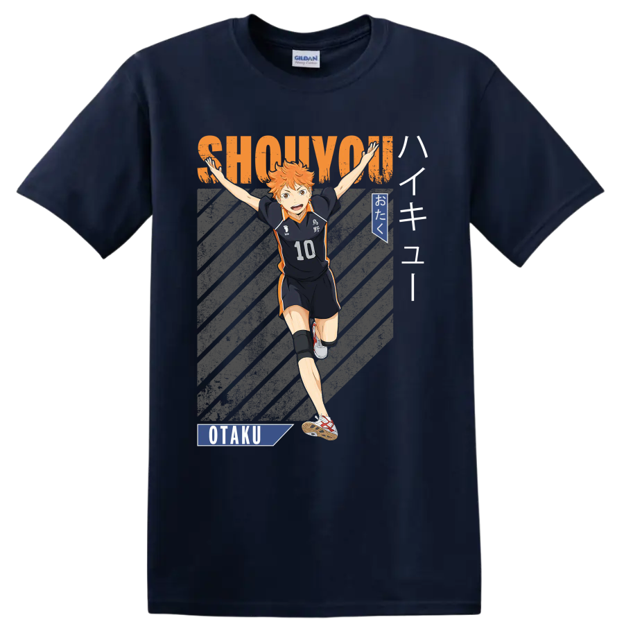Shoyo Hinata in Karasuno No. 10 uniform with SHOUYOU lettering and otaku graphics on a Navy (Blue) T Shirt