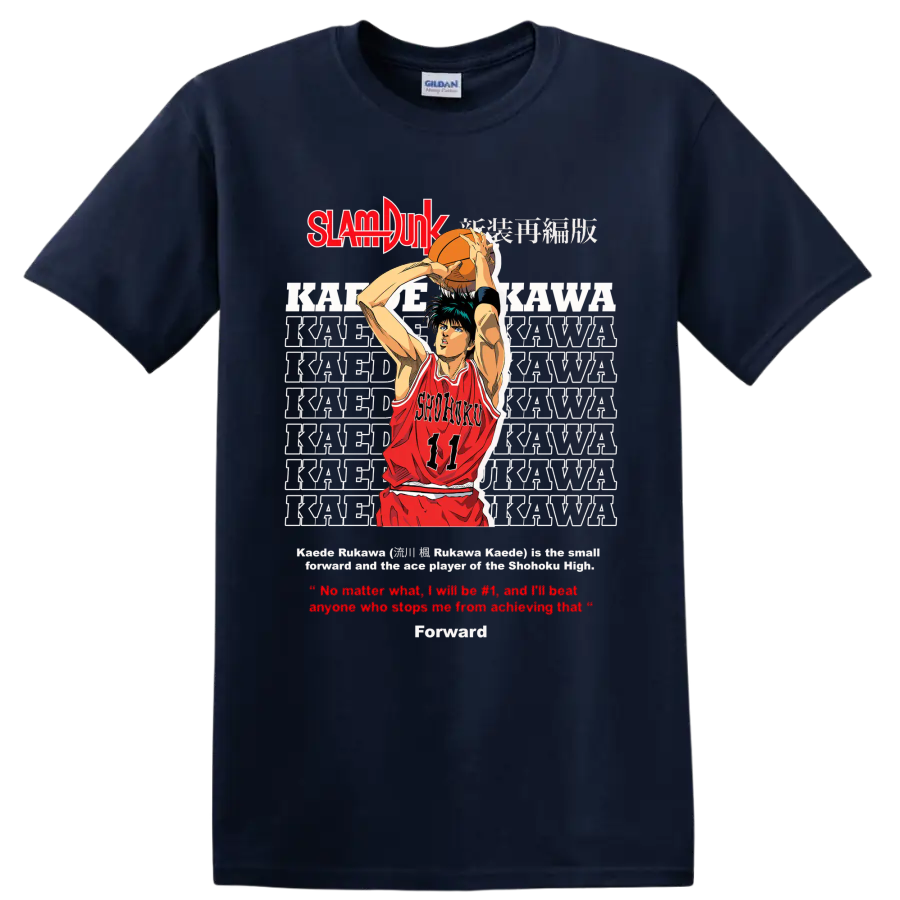 Kaede Rukawa Slam Dunk manga basketball shooter graphic with Shohoku number 11 jersey on a Navy (Blue) T Shirt