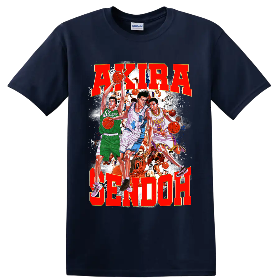 Slam Dunk manga collage with Sendoh, Fujima, Sakuragi and bold AKIRA SENDOH text on a Navy (Blue) T Shirt