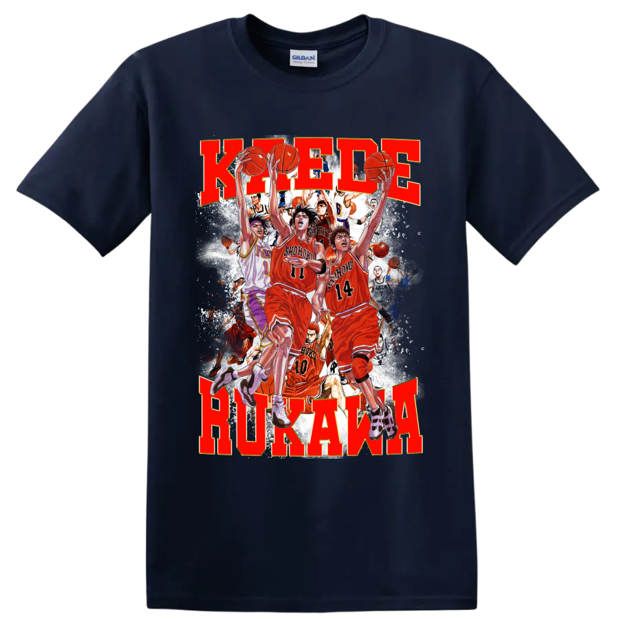 Kaede Rukawa Slam Dunk manga-style Shohoku basketball action collage on a Navy (Blue) T Shirt