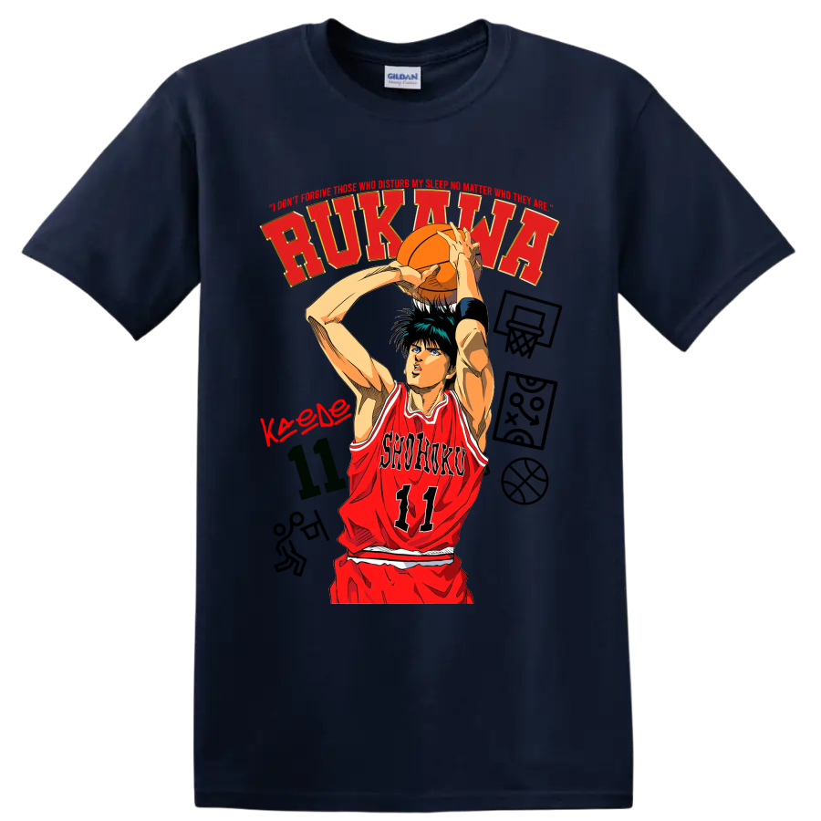 Kaede Rukawa Shohoku 11 manga basketball shooting graphic on a Navy (Blue) T Shirt