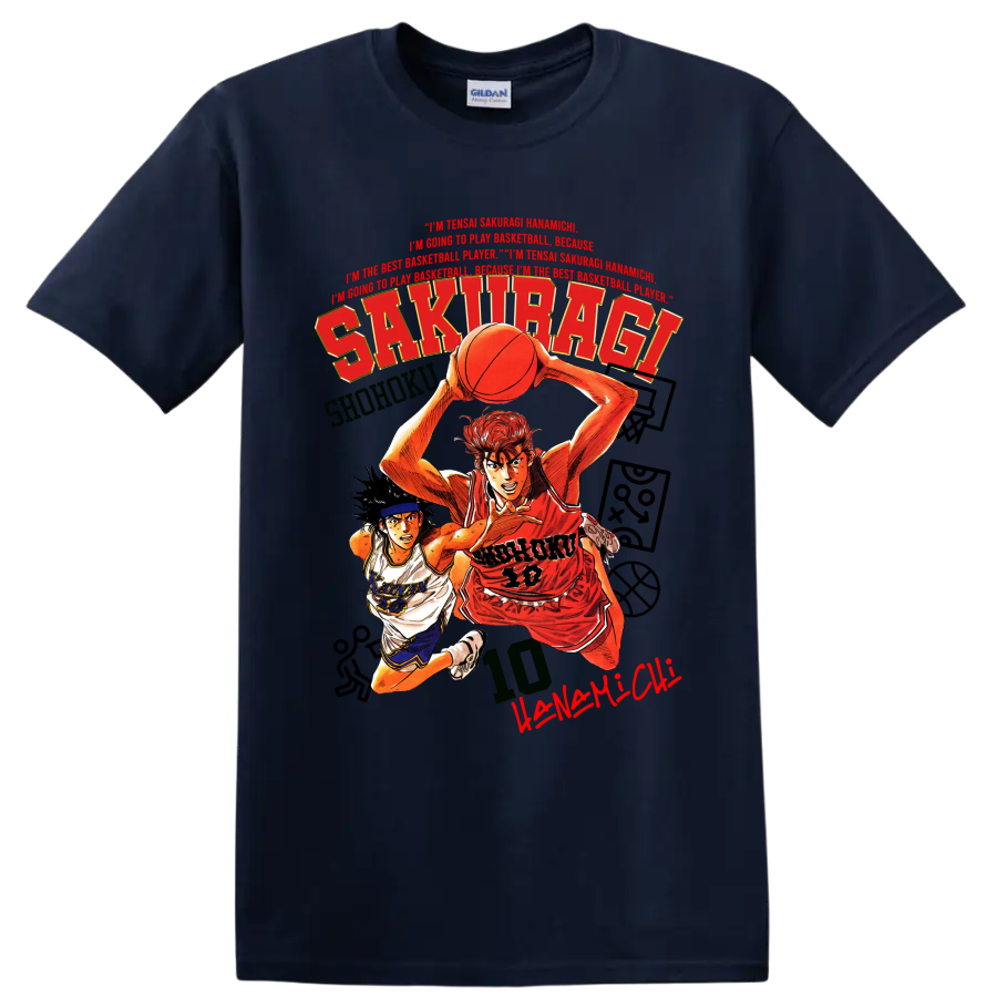 Slam Dunk manga graphic of Hanamichi Sakuragi and Nobunaga Kiyota playing basketball on a Navy (Blue) T Shirt
