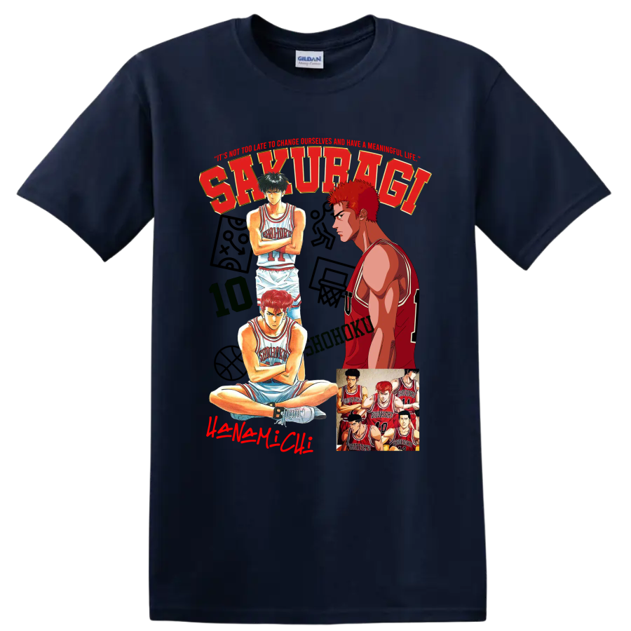 Slam Dunk manga collage of Hanamichi Sakuragi, Kaede Rukawa, and Shohoku players on a Navy (Blue) T Shirt
