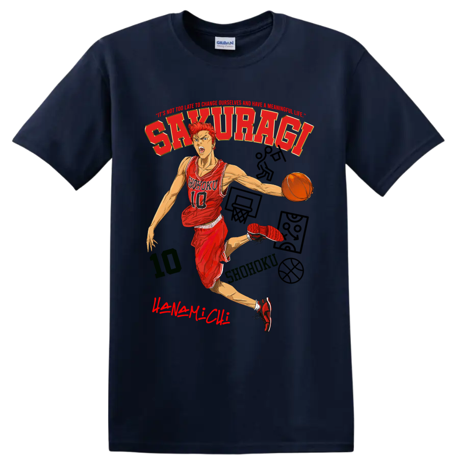Hanamichi Sakuragi Slam Dunk manga basketball action graphic with Shohoku jersey on a Navy (Blue) T Shirt