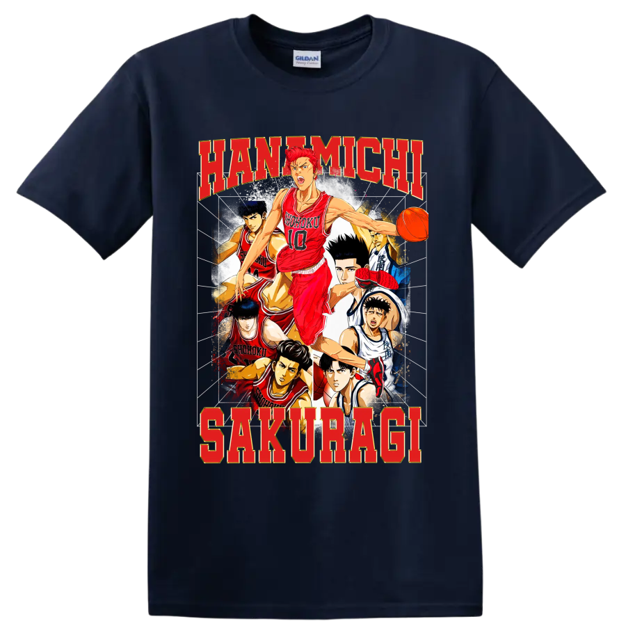 Hanamichi Sakuragi Slam Dunk manga basketball collage with Shohoku players on a Navy (Blue) T Shirt