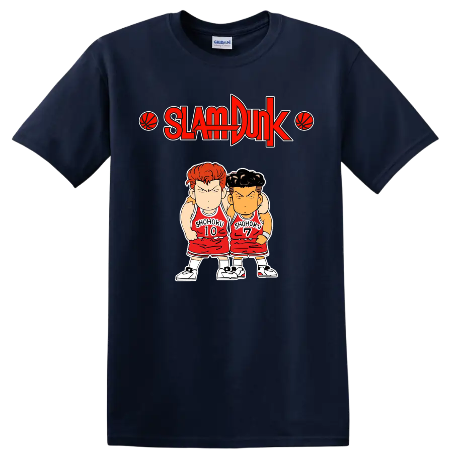 Chibi Hanamichi Sakuragi and Ryota Miyagi in Shohoku uniforms beneath Slam Dunk logo on a Navy (Blue) T Shirt