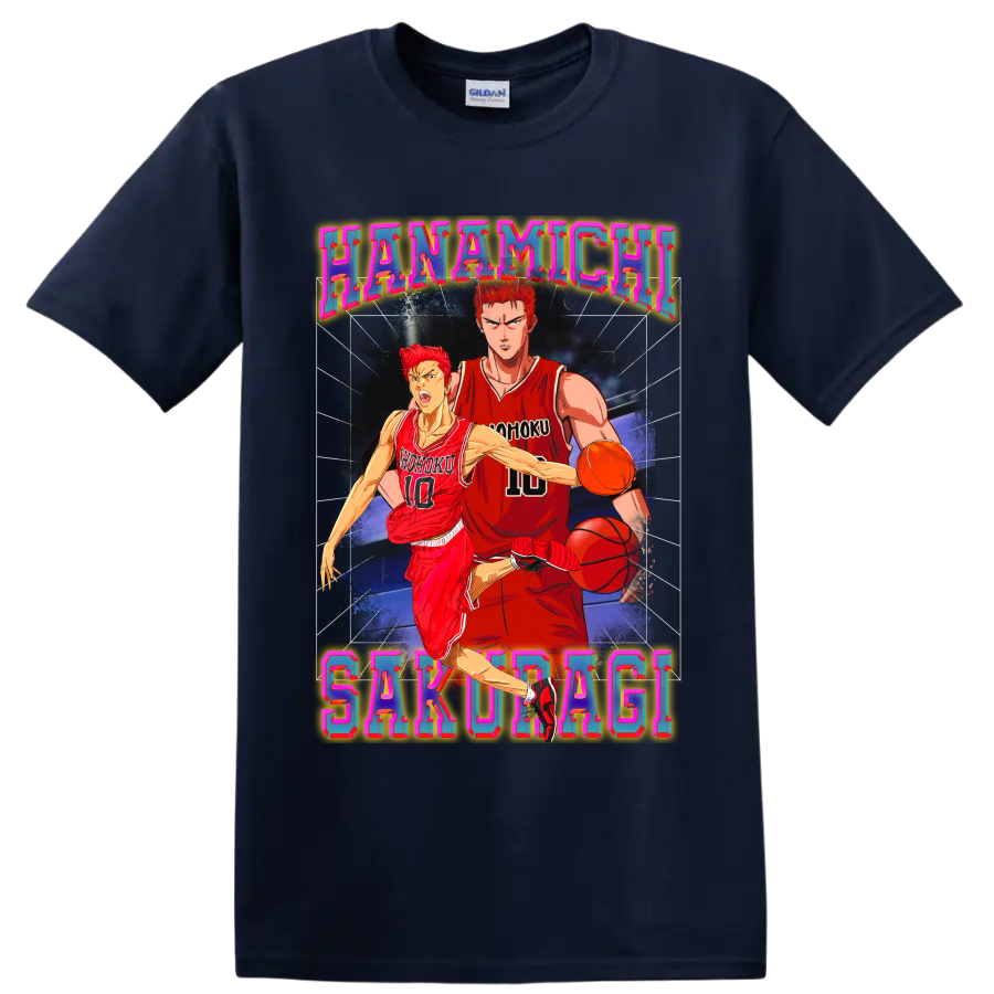 Hanamichi Sakuragi Slam Dunk basketball action in colorful retro poster art on a Navy (Blue) T Shirt