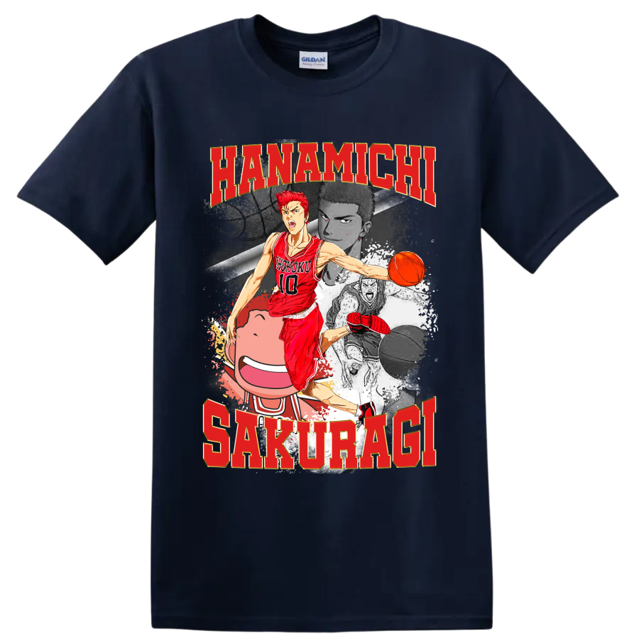 Hanamichi Sakuragi Slam Dunk manga basketball collage with red number 10 player on a Navy (Blue) T Shirt