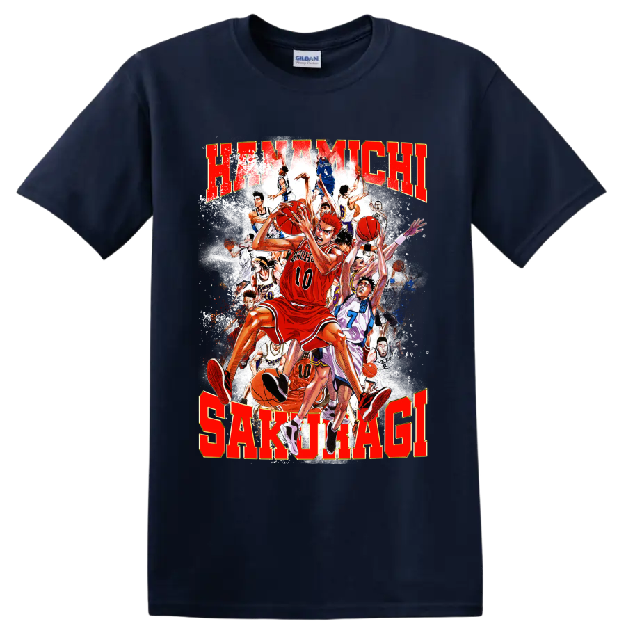Hanamichi Sakuragi Slam Dunk manga basketball collage with distressed red lettering on a Navy (Blue) T Shirt