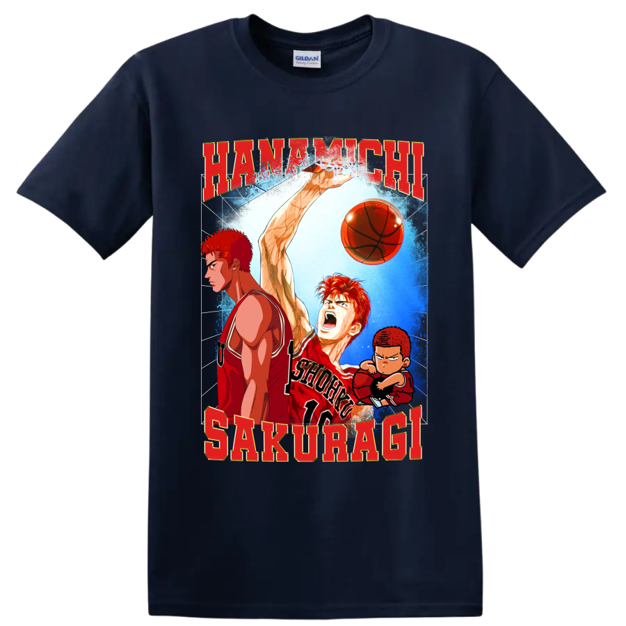 Hanamichi Sakuragi Slam Dunk manga basketball graphic with red lettering and chibi art on a Navy (Blue) T Shirt