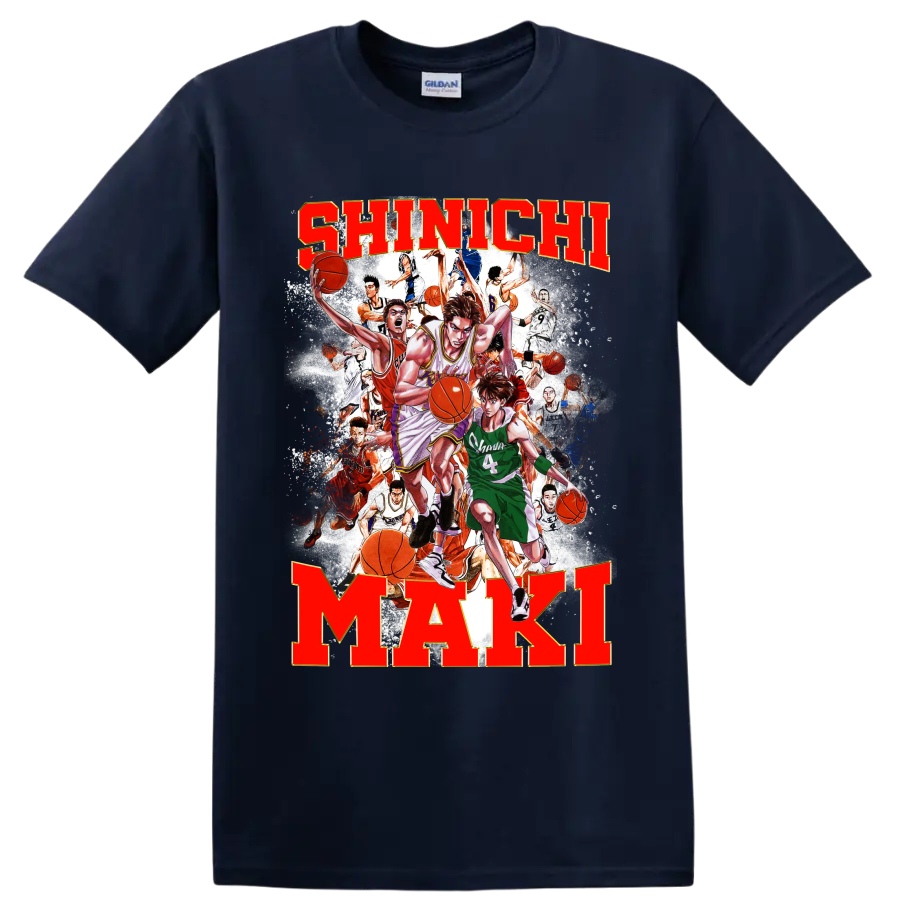 Shinichi Maki Slam Dunk manga basketball collage with bold name lettering on a Navy (Blue) T Shirt