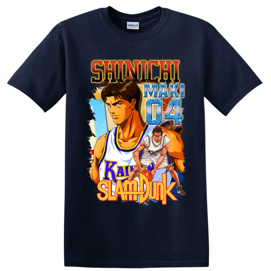 Shinichi Maki Slam Dunk manga-style Kainan basketball graphic with number 04 on a Navy (Blue) T Shirt