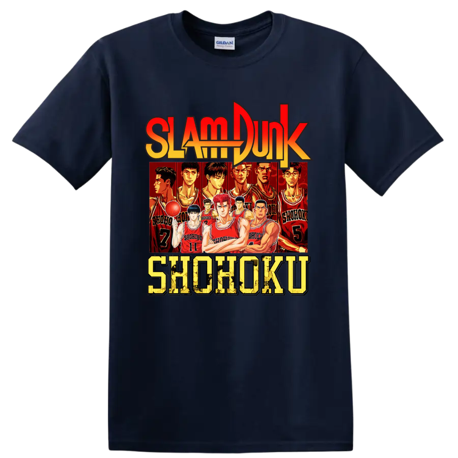 Slam Dunk Shohoku basketball team anime graphic with red jersey player lineup on a Navy (Blue) T Shirt