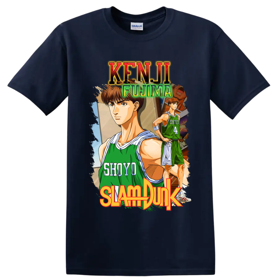 Kenji Fujima Slam Dunk manga basketball graphic with Shoyo jersey number 4 on a Navy (Blue) T Shirt