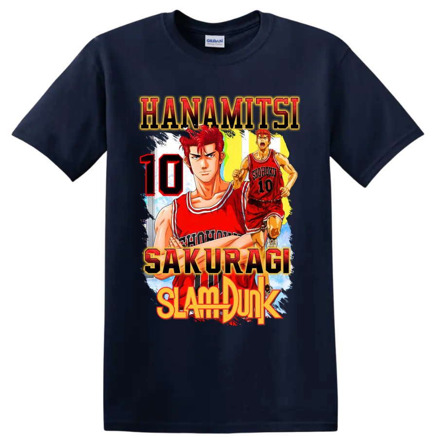 Hanamichi Sakuragi Slam Dunk manga basketball graphic with red number 10 on a Navy (Blue) T Shirt