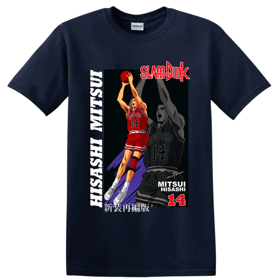 Hisashi Mitsui No. 14 Slam Dunk basketball action manga graphic print on a Navy (Blue) T Shirt