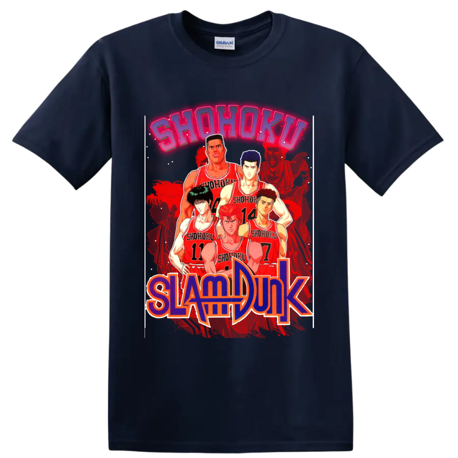 Slam Dunk Shohoku basketball team lineup in red jerseys with bold manga lettering on a Navy (Blue) T Shirt