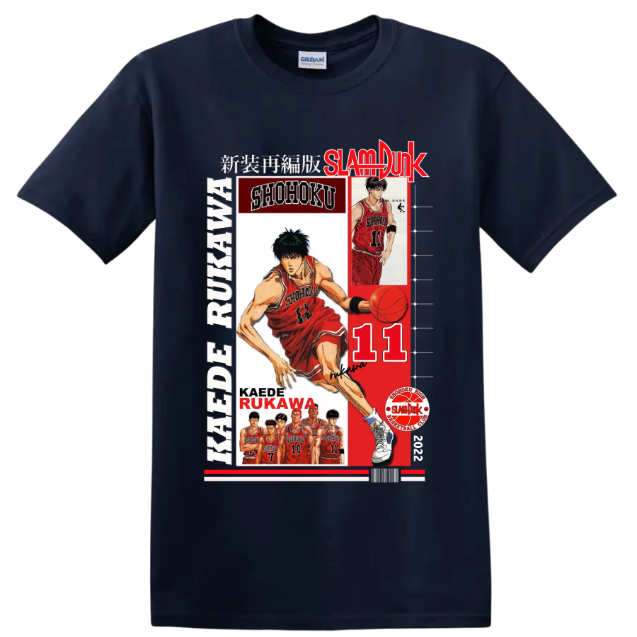 Kaede Rukawa Slam Dunk Shohoku basketball collage with number 11 and player portraits on a Navy (Blue) T Shirt