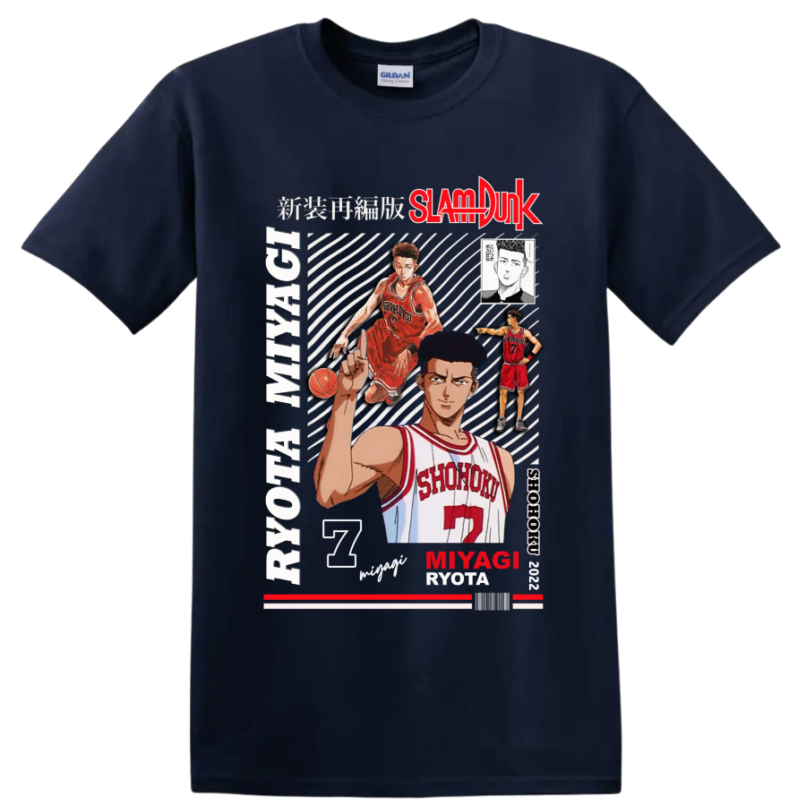 Ryota Miyagi Slam Dunk manga collage with Shohoku number 7 basketball artwork on a Navy (Blue) T Shirt