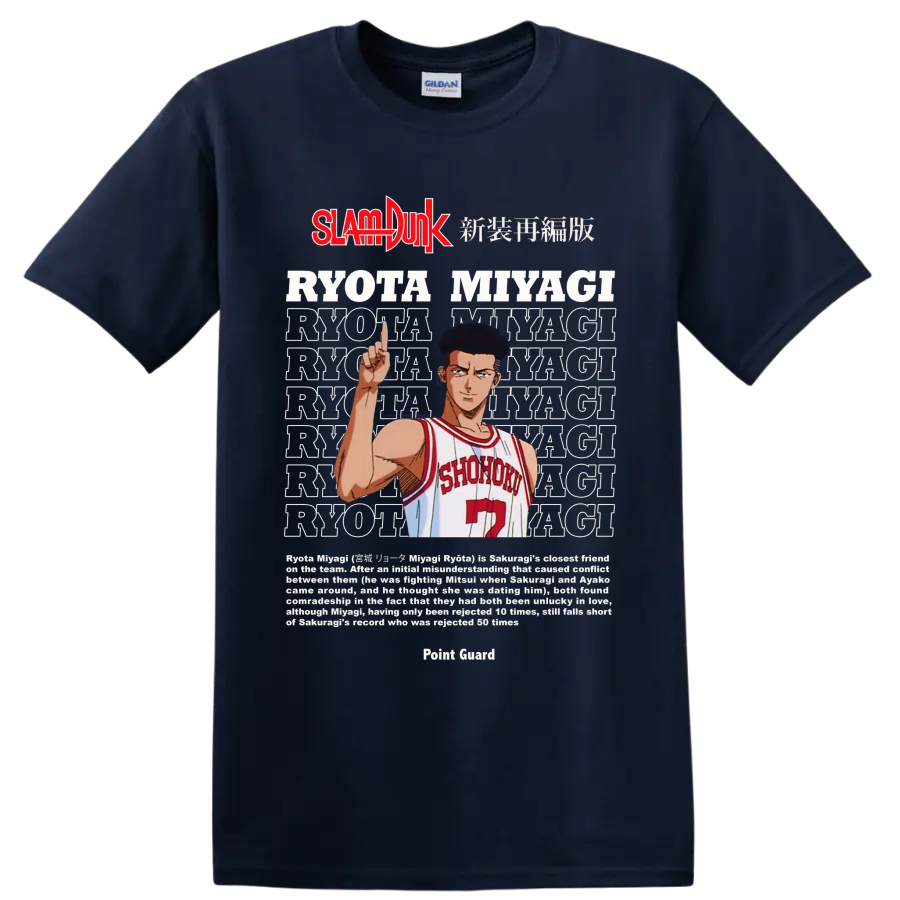 Ryota Miyagi Slam Dunk manga graphic in Shohoku number 7 uniform on a Navy (Blue) T Shirt