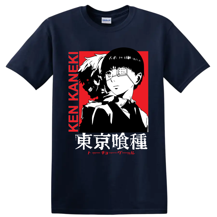 Ken Kaneki Tokyo Ghoul manga portrait with glasses, dark profile, and red backdrop on a Navy (Blue) T Shirt