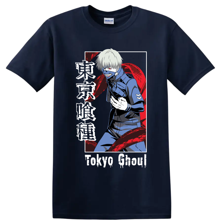 Ken Kaneki masked anime portrait with red kagune in dark Tokyo Ghoul manga style on a Navy (Blue) T Shirt