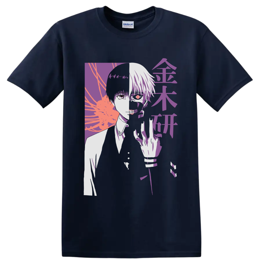 Ken Kaneki split-face Tokyo Ghoul manga portrait with red eye and purple graphic art on a Navy (Blue) T Shirt