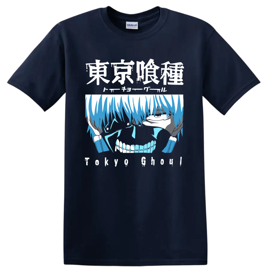 Ken Kaneki blue distressed anime portrait graphic from Tokyo Ghoul on a Navy (Blue) T Shirt