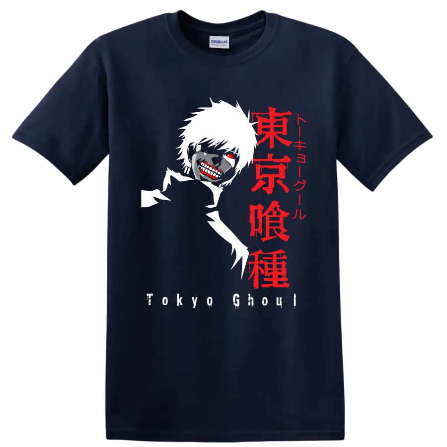 Ken Kaneki Tokyo Ghoul masked anime graphic with red eye and Japanese lettering on a Navy (Blue) T Shirt