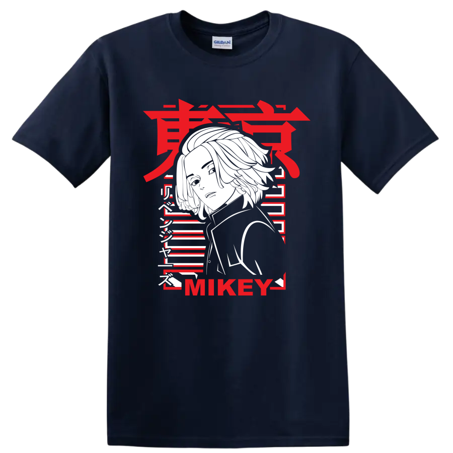 Manjiro Sano Mikey Tokyo Revengers portrait in bold red, white, and black manga style on a Navy (Blue) T Shirt