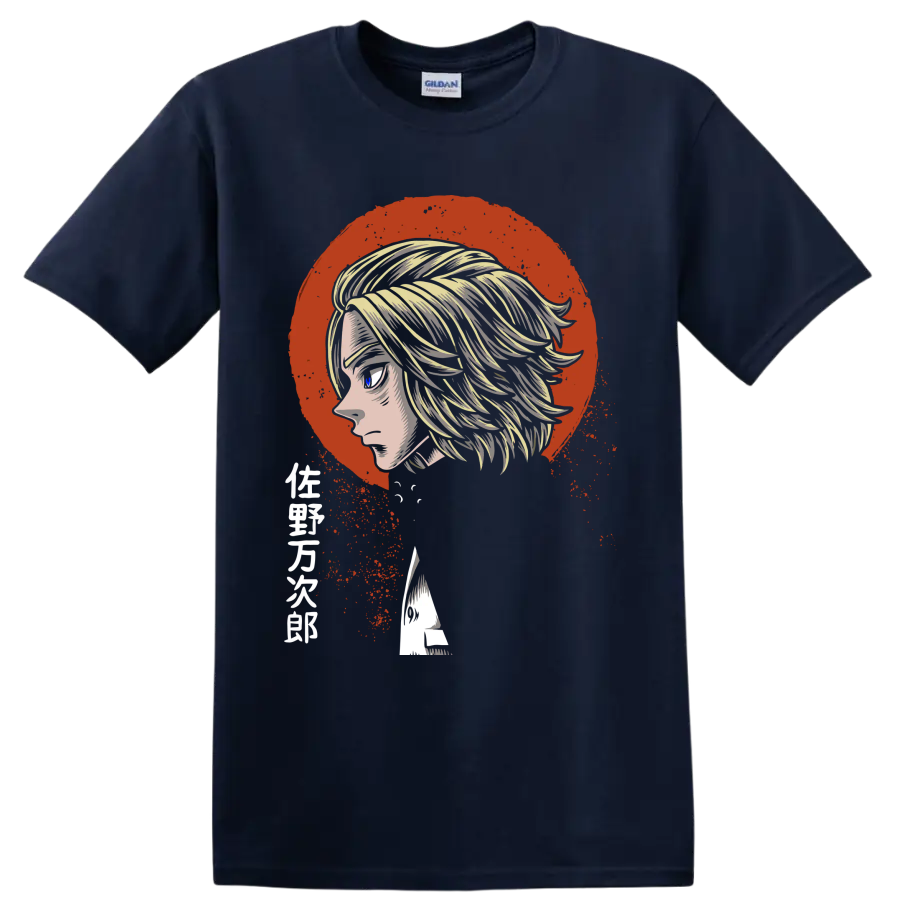 Manjiro Sano profile anime portrait with red distressed circle and splatter art on a Navy (Blue) T Shirt