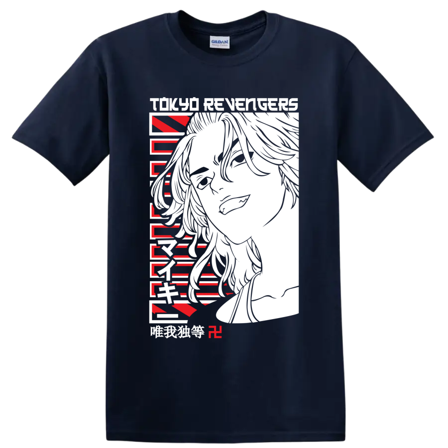 Ken Ryuguji Draken portrait in bold red and black Tokyo Revengers anime art on a Navy (Blue) T Shirt