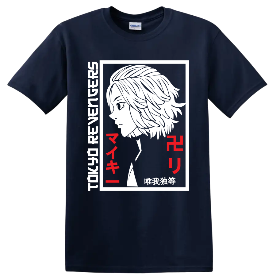 Manjiro Sano Mikey black-and-white manga portrait with red Japanese lettering on a Navy (Blue) T Shirt