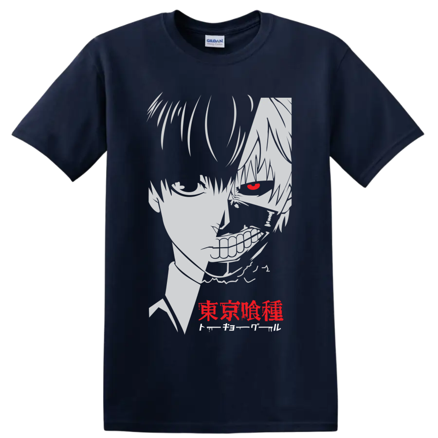 Ken Kaneki Tokyo Ghoul manga portrait with red eye, grin, and Japanese lettering on a Navy (Blue) T Shirt