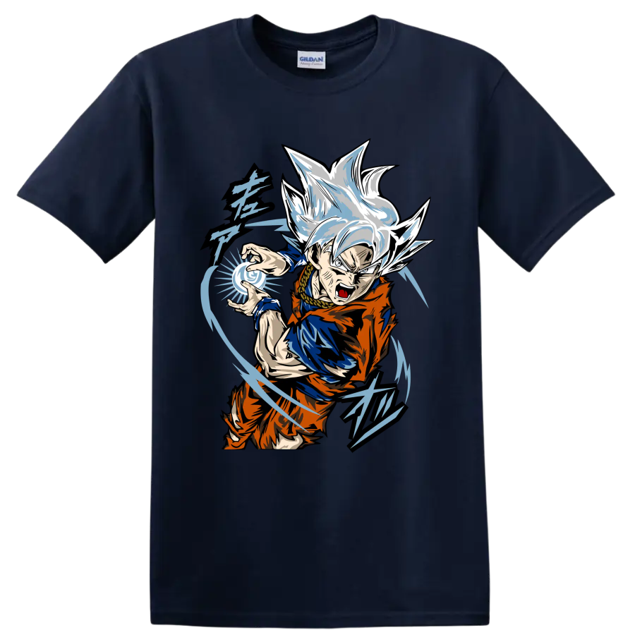 Goku Ultra Instinct anime fighter with blue energy sphere and sweeping action lines on a Navy (Blue) T Shirt