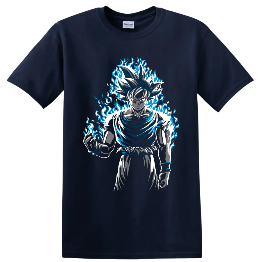 Goku Dragon Ball Super manga-style graphic with a dramatic blue flame aura on a Navy (Blue) T Shirt