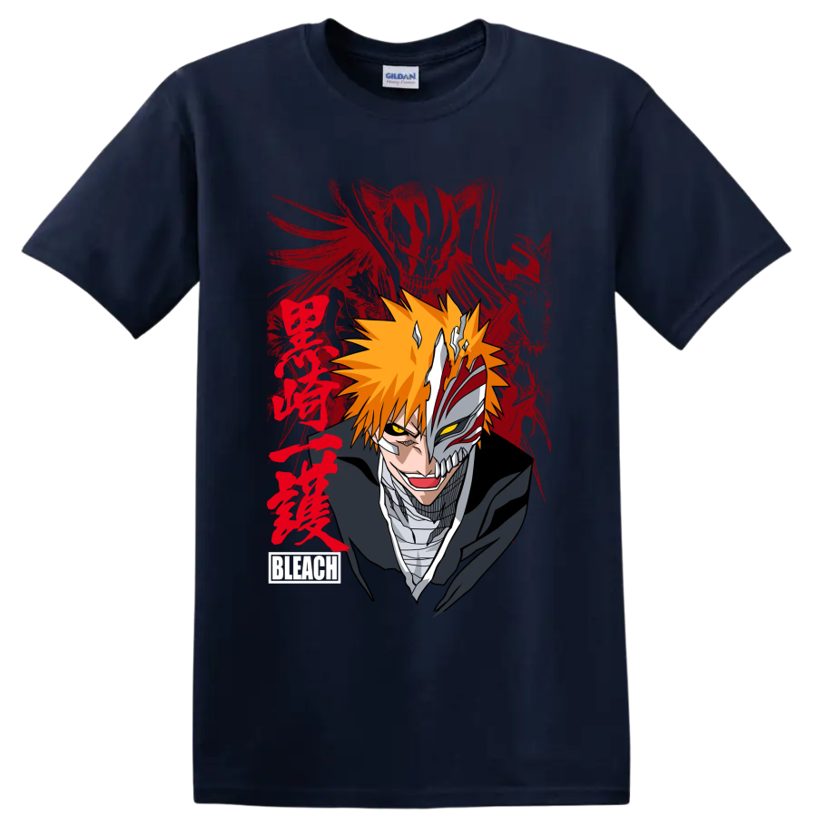 Ichigo Kurosaki split Hollow mask portrait with orange hair and red brushstroke art on a Navy (Blue) T Shirt