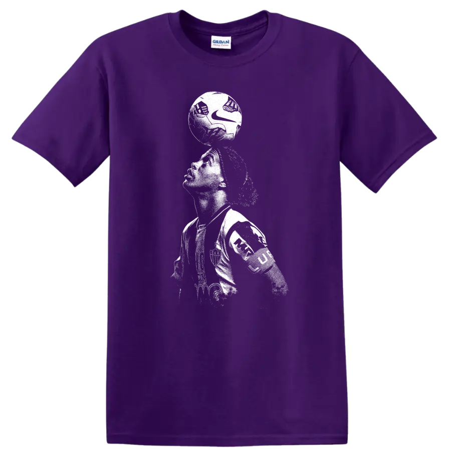 Retro soccer legend portrait of Ronaldinho Gaúcho style on black T - Purple