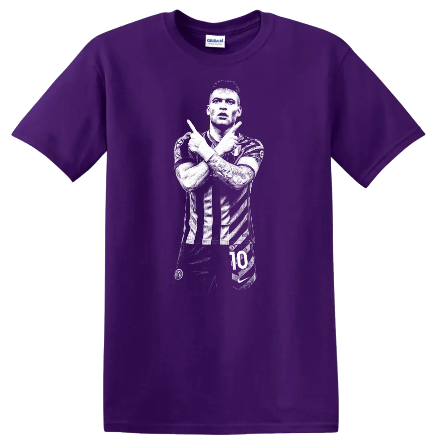 Black and white retro soccer portrait of Lautaro Martínez on a T - Purple