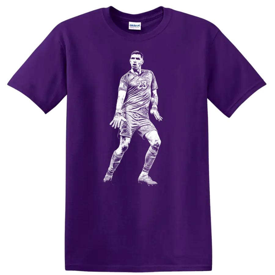 Black and white retro soccer player silhouette design for Emiliano Martínez T - Purple