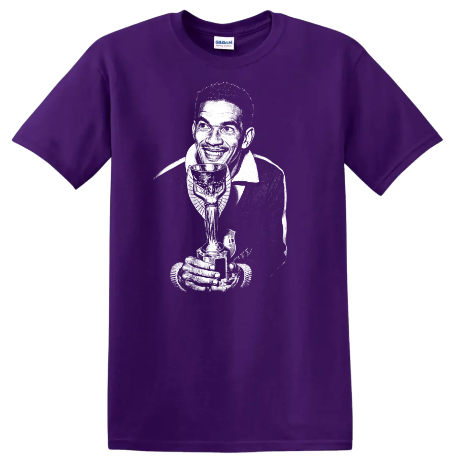 Black and white retro soccer portrait graphic T shirt of Manuel Francisco dos - Purple