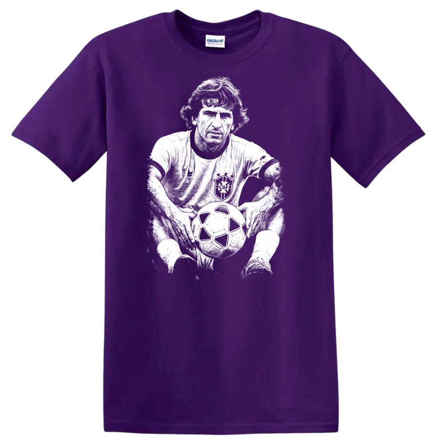 Retro soccer legend portrait style graphic inspired by Arthur Antunes Coimbra on a T - Purple