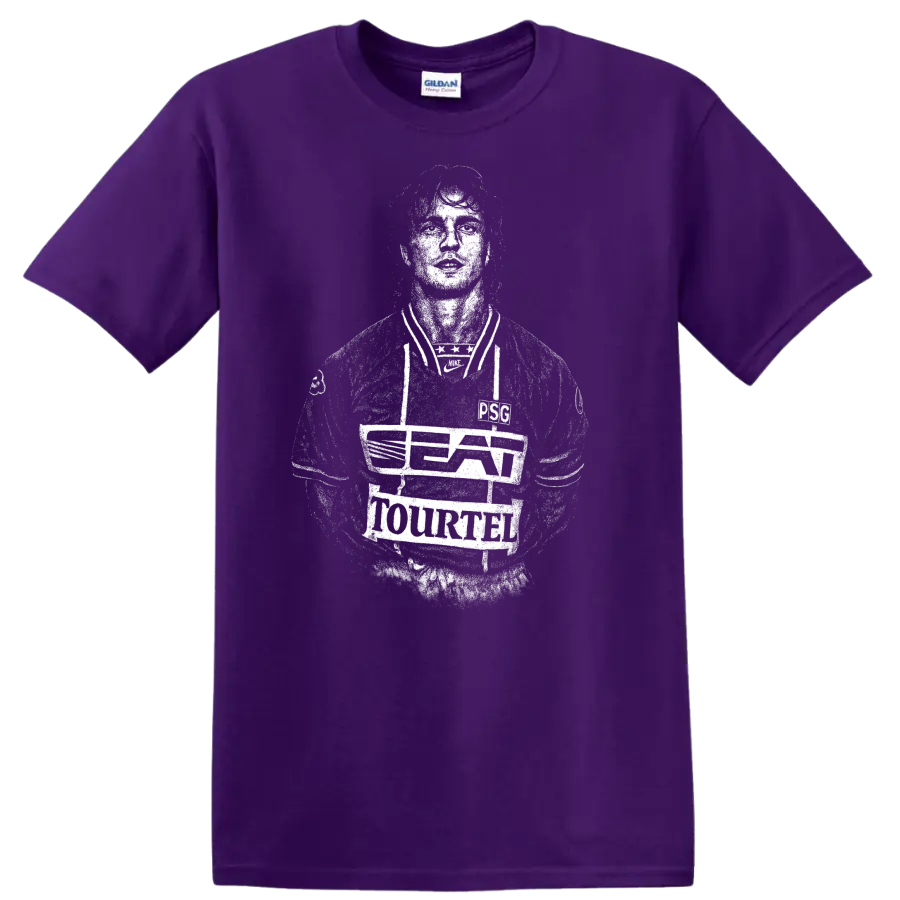 Retro soccer portrait style graphic inspired by David Ginola T - Purple